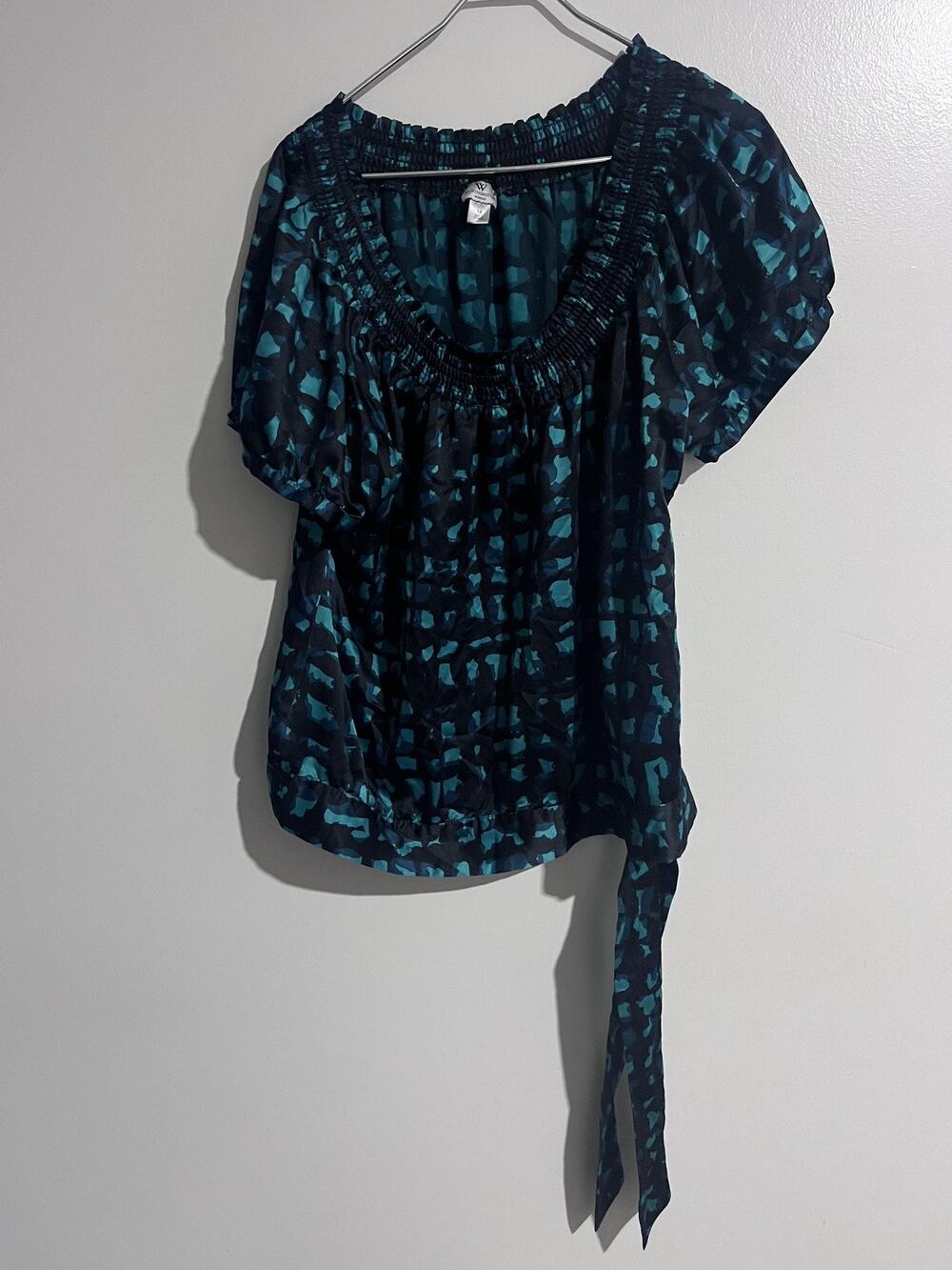 Worthington Woman Blouse Womens 1X Green Tunic Scoop Neck Puff Sleeve Belted